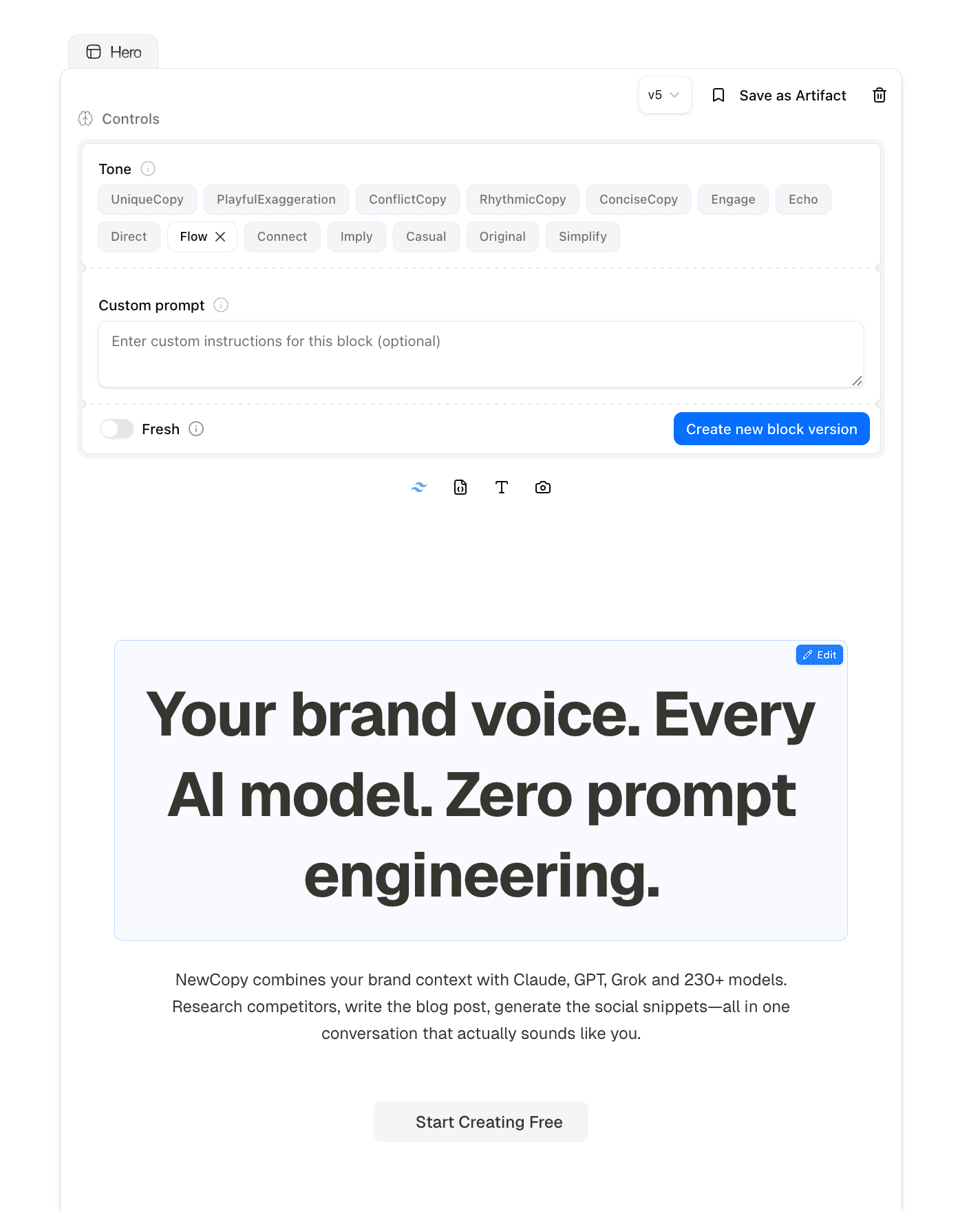 A hero copy block with tone controls and a generated brand-voice draft.