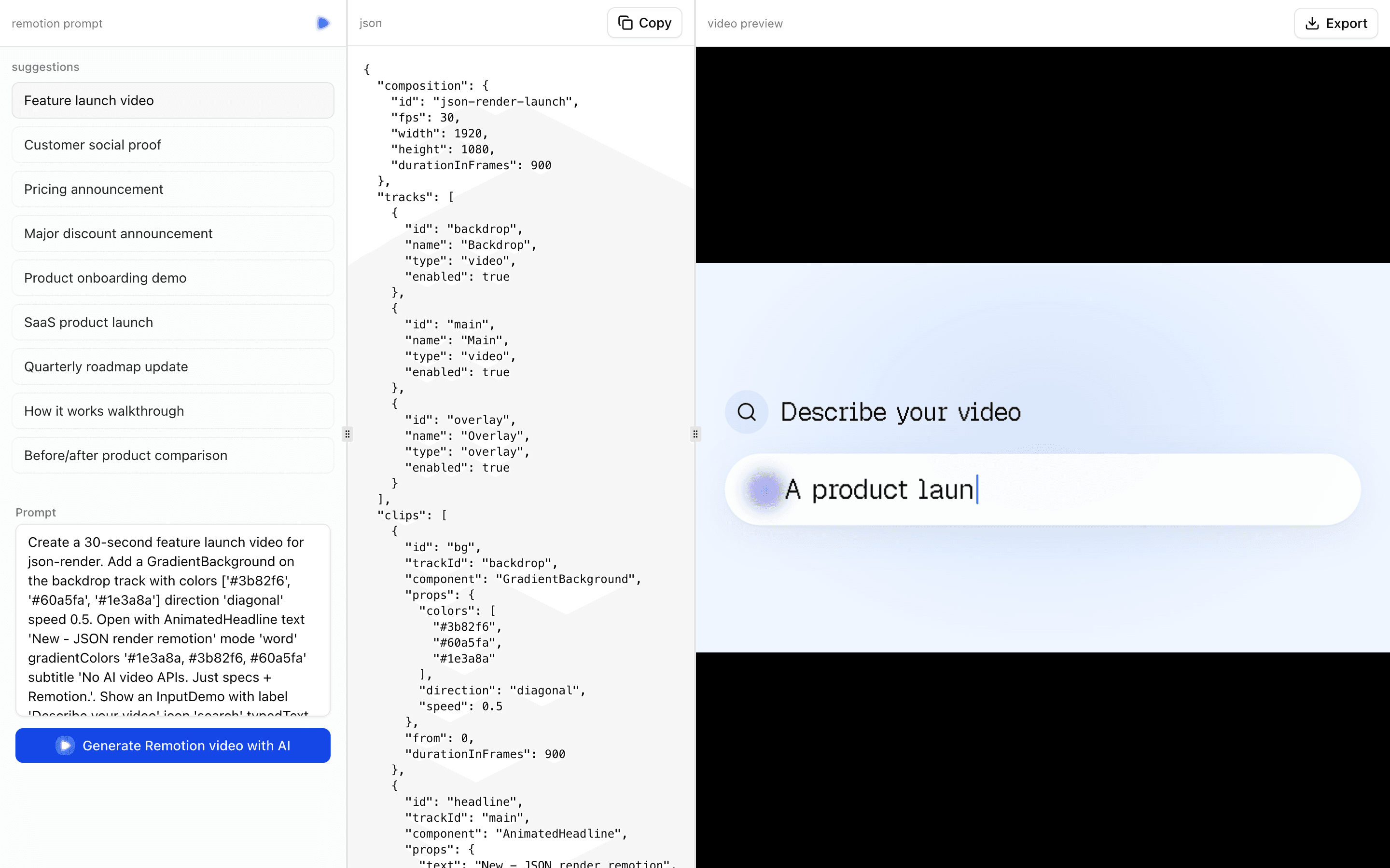 JSON Render Remotion pattern: prompt, streamed timeline JSON, and a Remotion video preview.